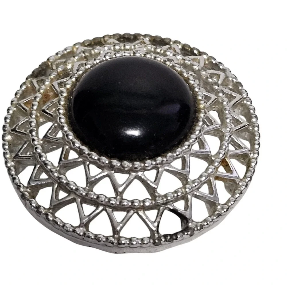 Sarah Coventry Vintage Brooch Pin Black Cabochon Round Silver Tone Costume‎